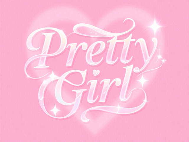 酸性“Pretty Girl”半透明玻璃质感文字，上下错位，2处笔画有星光点来点缀，粉色背景：爱心扩散弥散