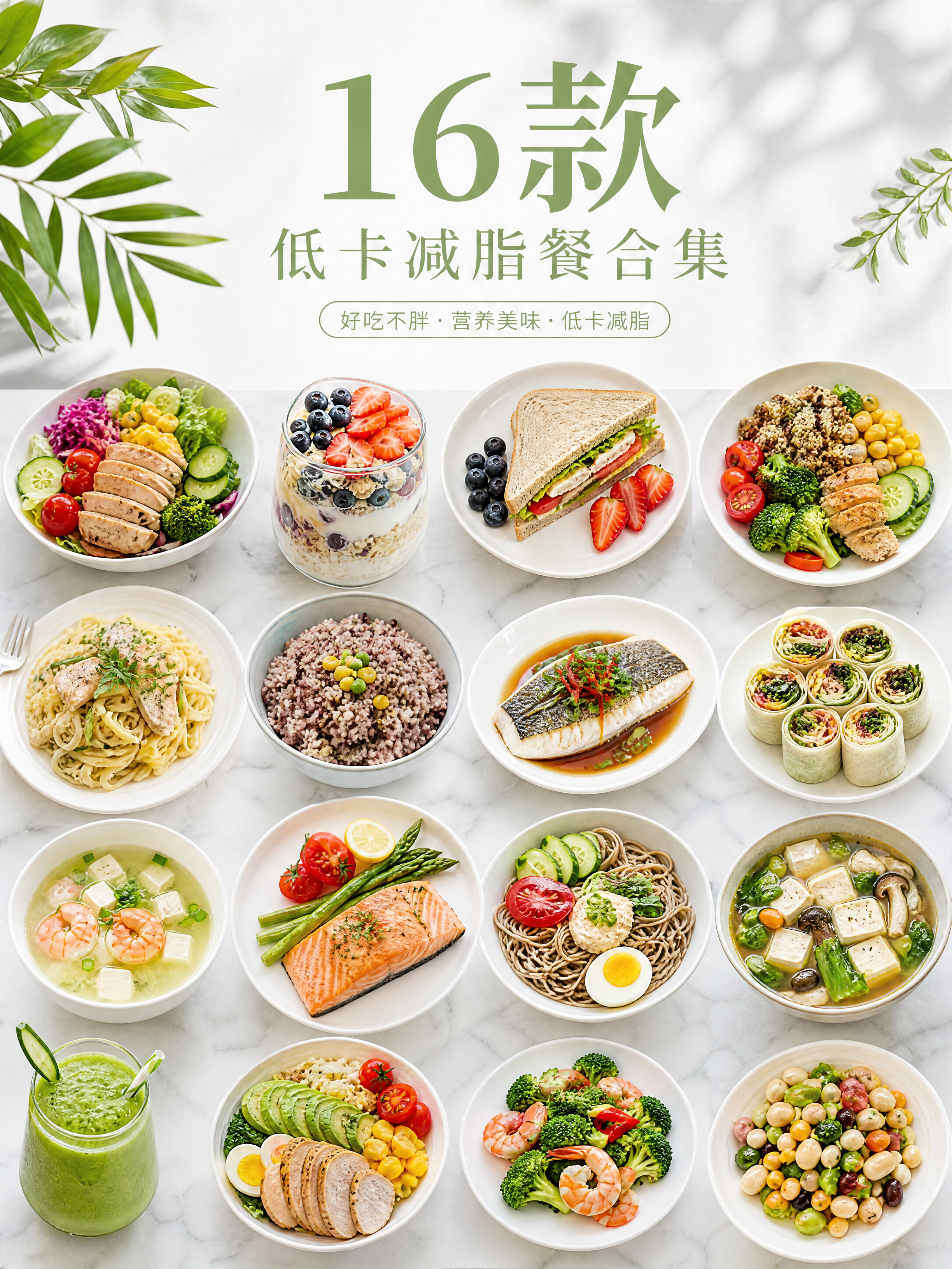 小红书封面图，清新绿色调，16款低卡减脂餐合集平铺展示，俯拍视… - 图片创意预览