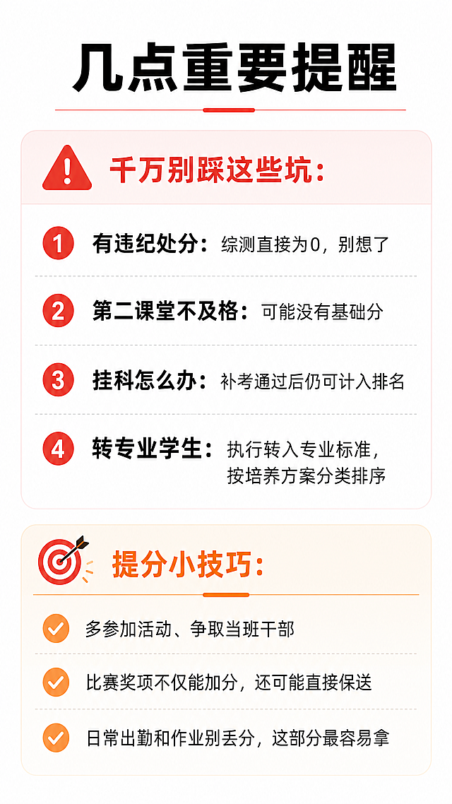 小红书图文内页，背景干净简约白色，大标题“几点重要提醒”，警示标题⚠️ 千万别踩这些坑：，正文文字：“有违纪处分：综测直接为0，别想了 第二课堂不及格：可能没有基础分 挂科怎么办：补考通过后仍可计入排名 转专业学生：执行转入专业标准，按培养方案分类排序 🎯 提分小技巧：多参加活动、争取当班干部 比赛奖项不仅能加分，还可能直接保送 日常出勤和作业别丢分，这部分最容易拿”，排版清晰整齐，文字易读，小红书竖版图文，设计简约清晰