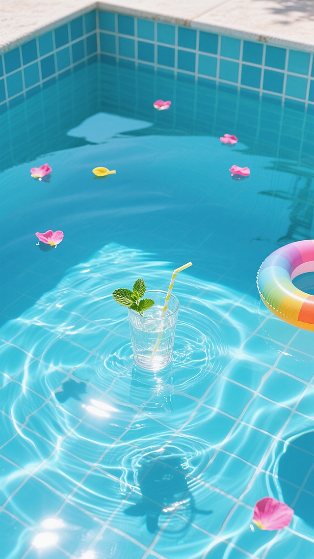 高角度俯拍视角的泳池内部场景，清澈碧蓝的池水，池壁铺贴着规则排列的浅蓝色瓷砖，瓷砖接缝清晰可见。水面波光粼粼，阳光透过水面在池底投下明亮的光斑和水波纹的动态光影效果，营造出宁静、清凉、通透的夏日氛围。池边散落着几片鲜艳的粉色或黄色花瓣，水面漂浮着一个透明的玻璃水杯，里面插着一片新鲜的薄荷叶和一根吸管，旁边还有一个色彩明快的充气小玩具。
