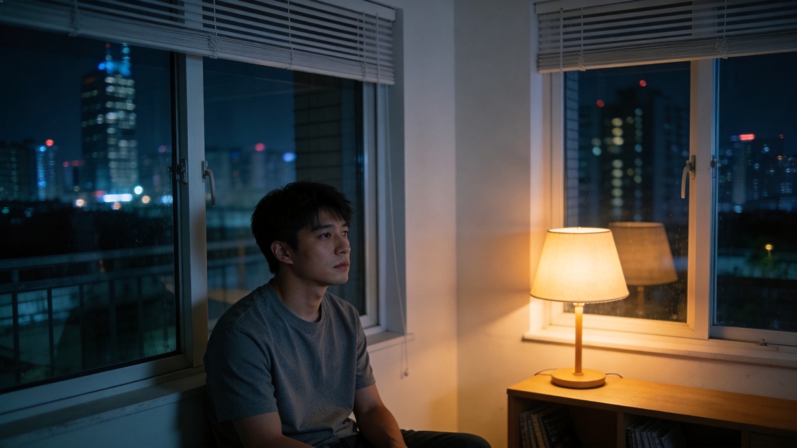 深夜城市公寓房间，一个二十多岁的普通亚洲男生独自坐在窗边，房间里只有一盏暖黄色台灯亮着，窗外是安静的城市夜景和远处高楼灯光，男生看着窗外发呆，神情安静略带疲惫，气氛孤独但平静，冷蓝灰色夜景与室内暖黄色预览效果