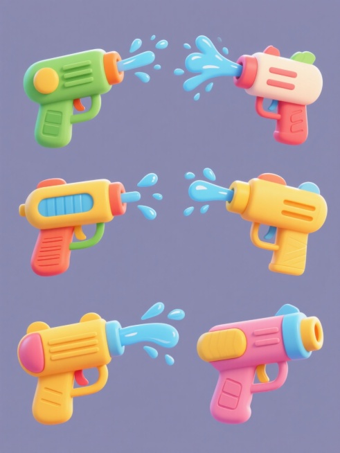 六个不同样式、不同配色的卡通风格水枪，每个水枪拥有鲜明的色彩对比和圆润的线条设计，部分水枪喷射出蓝色水花和水滴效果，水枪表面有简洁的纹理细节，所有水枪整齐排列在纯色背景上，保持一致的卡通插画风格，色彩明快活泼，光影表现柔和，整体呈现出童趣和欢乐的氛围预览效果