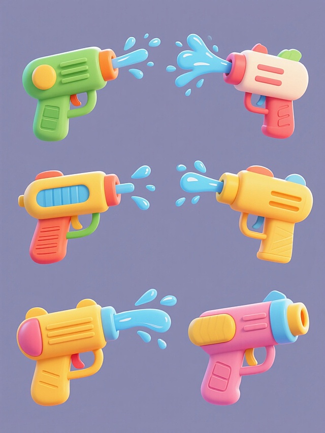 六个不同样式、不同配色的卡通风格水枪，每个水枪拥有鲜明的色彩对比和圆润的线条设计，部分水枪喷射出蓝色水花和水滴效果，水枪表面有简洁的纹理细节，所有水枪整齐排列在纯色背景上，保持一致的卡通插画风格，色彩明快活泼，光影表现柔和，整体呈现出童趣和欢乐的氛围