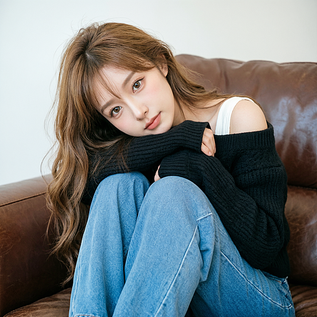 参考提供图片，保持相同动作：双臂抱膝，脸颊靠在手臂上，坐在棕色皮沙发上，黑色露肩针织衫搭配牛仔裤，浅棕色长卷发，要求和参考图人物差异非常大，生成另一张全新不同美女的正方形头像，高清晰，精致五官，人物和参考图中的人完全不同