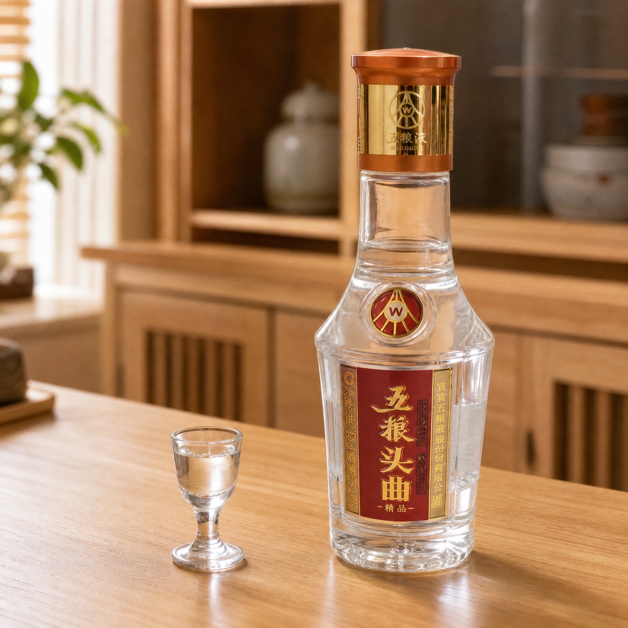 将五粮头曲精品白酒瓶放置在浅木色实木餐桌台面上，背景为柔和虚化… - 图片创意预览