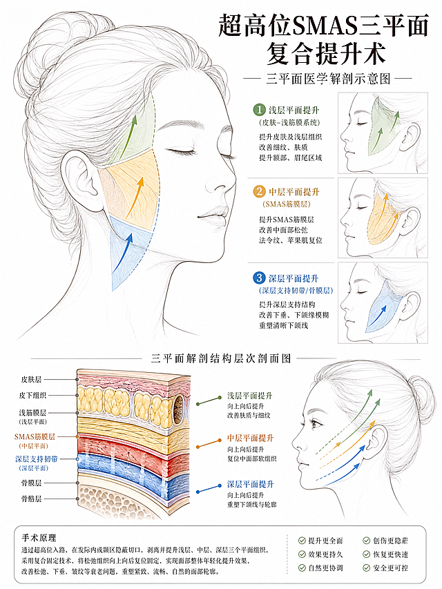 面部提升医美人物线描图，超高位SMAS三平面复合提升术三平面医学解剖示意图