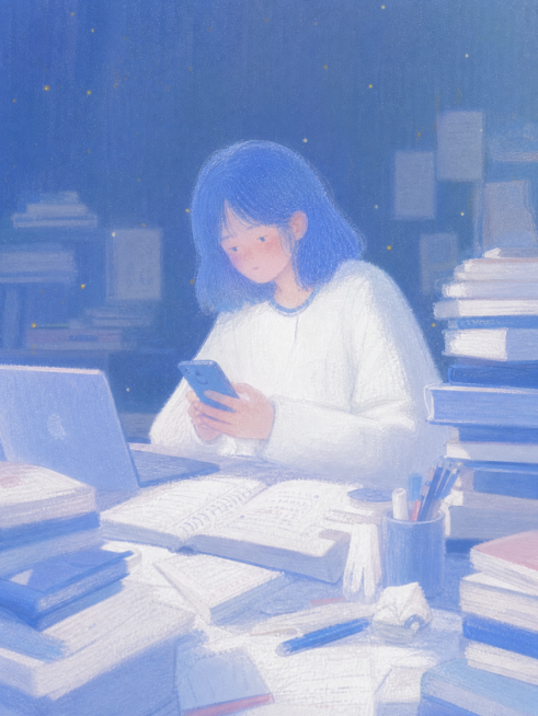 手绘插画，风格与参考图一致，人物是一位忙碌的女大学生，坐在书桌前，手里拿着手机，眼睛看着手机，书桌堆满书本电脑，表情疲惫，整体采用柔和蓝白色调，油画质感肌理，朦胧氛围感预览效果