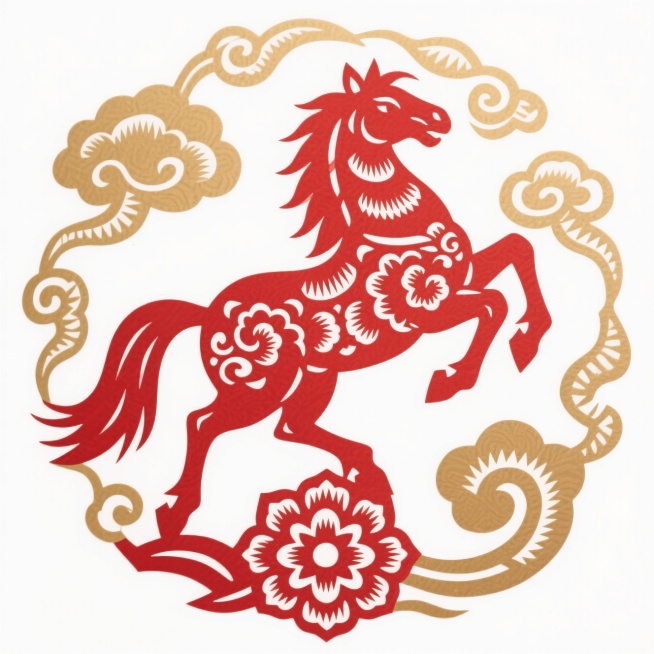 生肖马图腾，红色镂空骏马造型呈奔腾跃起姿态，马身装饰卷草纹与宝相花纹，周围环绕金色祥云与如意纹样，对称构图，纯白背景。整体呈现动感、力量感与吉祥寓意。预览效果