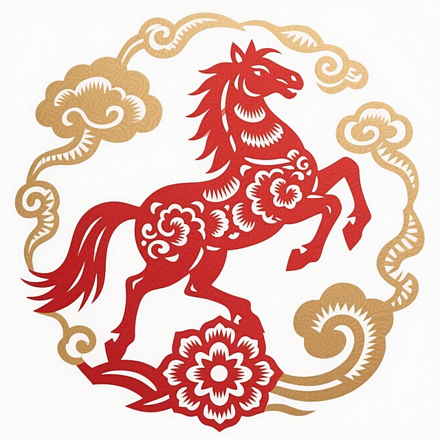 生肖马图腾，红色镂空骏马造型呈奔腾跃起姿态，马身装饰卷草纹与宝相花纹，周围环绕金色祥云与如意纹样，对称构图，纯白背景。整体呈现动感、力量感与吉祥寓意。