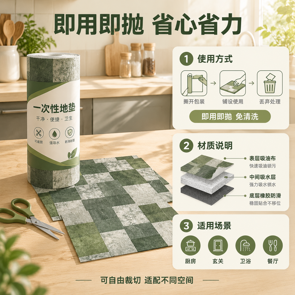 [主图-5] 规格与使用方式信息图，展示一次性地垫的便捷更换方… - 图片创意预览