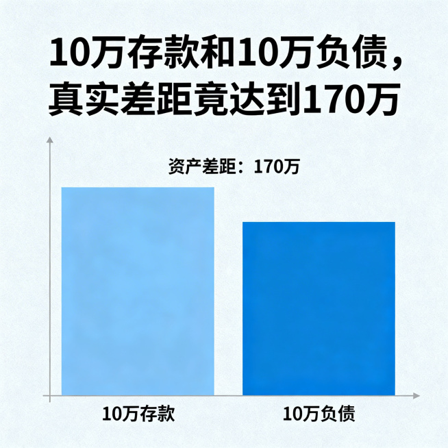 生成一张信息图表，标题显示“10万存款和10万负债，真实差距竟达到170万”，图表对比展示两种财务状况的资产差距，使用清晰柱状图，金融理财风格，简洁专业预览效果