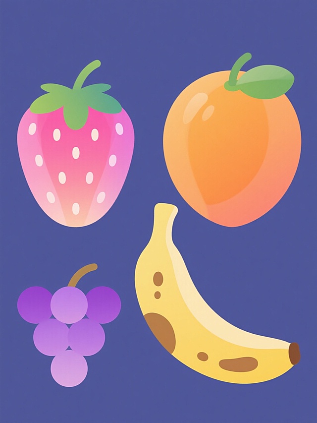 一套四个不同水果的插画，每个水果都有柔和的渐变色彩和半透明效果，风格保持一致。第一个是粉红色的草莓，带有绿色的叶子和白色的种子；第二个是橙色的橙子，带有绿色的叶子；第三个是黄色的香蕉，带有棕色的斑点；第四个是紫色的葡萄，成串排列。所有水果都位于纯色背景上，整体色彩变换但保持协调，元素类目不变，规整排布成系列素材集合。