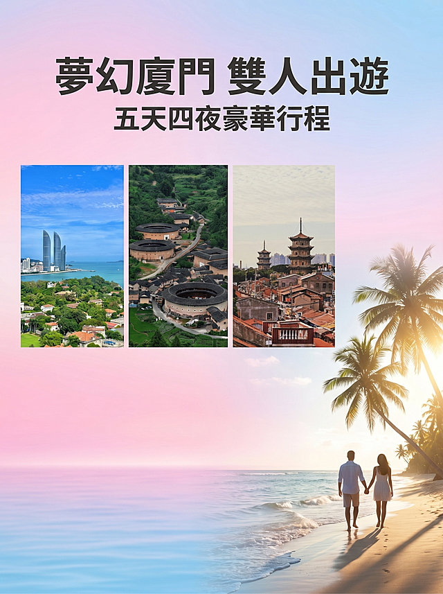竖版3:4厦门旅游宣传海报，整体梦幻温柔海岛风格，主色调为渐变粉蓝天空海洋色。画面中上区域居中横向排布提供的三张高清实景风景图，分别为鼓浪屿、福建土楼、泉州东西塔，精致柔和裁切组合。画面其余上下空白区域铺满柔和粉蓝渐变主题底色，干净通透。画面右侧搭配唯美海边沙滩、椰树、阳光海浪、漫步的情侣双人牵手剪影，整体氛围感浪漫治愈。整体画面清新明亮、饱和度柔和、高级耐看，适合中老年客群审美，预留充足干净空白区域方便后期叠加繁体中文文案，上方显眼位置放置加粗居中大字繁体主标题"夢幻廈門 雙人出遊"，下方放置稍小字号繁体副标题"五天四夜豪華行程"。整体排版主次分明，视觉冲击力强，营销感柔和，无违规元素。