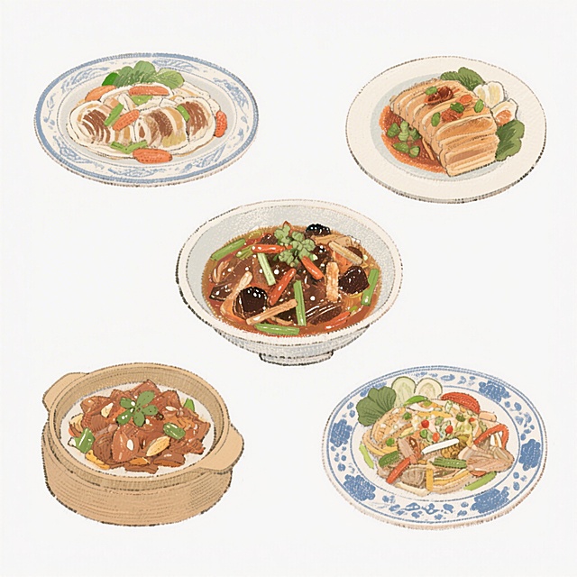 6道不同的精美中国菜，手绘插画风格，纯白色背景，无文字内容