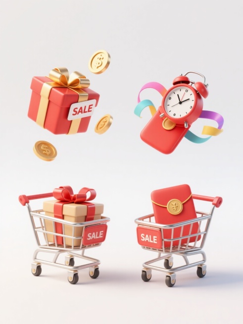 一组4个不同配色、不同样式、不同材质的双11电商促销元素，3D立体风格，干净简洁的白色背景，每个元素包含装满礼物盒的金属购物车、带有“SALE”标签的礼品盒、漂浮的金币、红色红包、闹钟和彩色飘带，光影明亮柔和，物体边缘清晰，材质表现真实（金属的光泽、纸张的质感、绸缎的丝滑），构图平衡且充满动感，适合电商素材使用，无文字、二维码及多余装饰。预览效果
