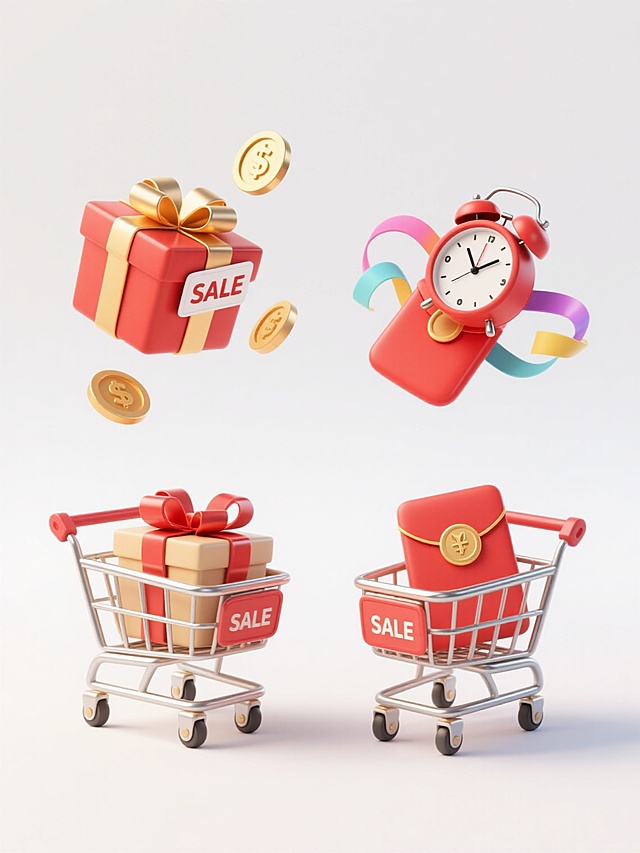 一组4个不同配色、不同样式、不同材质的双11电商促销元素，3D立体风格，干净简洁的白色背景，每个元素包含装满礼物盒的金属购物车、带有“SALE”标签的礼品盒、漂浮的金币、红色红包、闹钟和彩色飘带，光影明亮柔和，物体边缘清晰，材质表现真实（金属的光泽、纸张的质感、绸缎的丝滑），构图平衡且充满动感，适合电商素材使用，无文字、二维码及多余装饰。