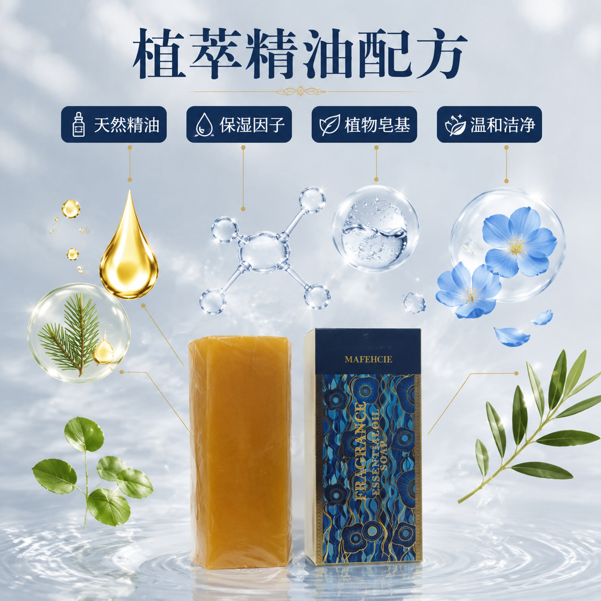 [主图-2] 精油皂成分解析图。 [氛围风格] 纯净科技感 植… - 图片创意预览