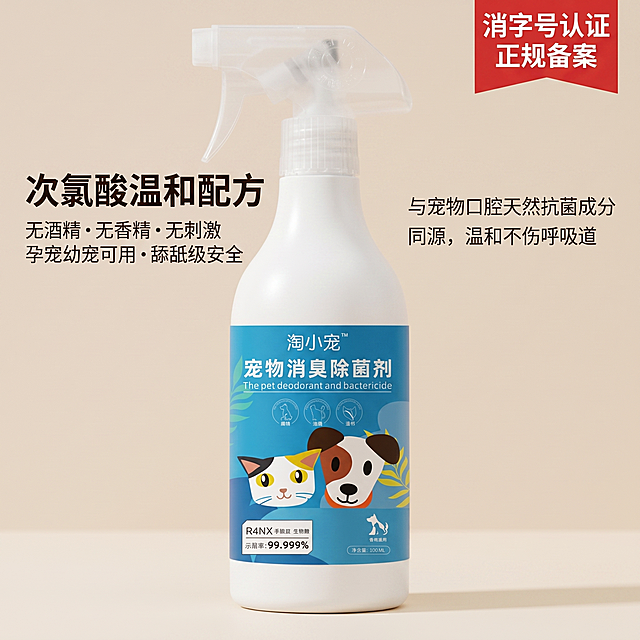 [副图 1]安全配方信任背书图，淘小宠宠物消臭除菌剂产品图。
[氛围风格]简约干净风格，整体干净明亮，没有多余装饰。
[画质]商业摄影质感，产品清晰真实，文字清晰可辨，画面干净高级。
[元素]原产品瓶身居中放置，保持产品外观（物理结构、材质质感、颜色）和输入产品图绝对一致，杜绝任何变形和色差，精细化处理。背景为浅米色纯色背景，无多余装饰。右上角放置红色角标，角标文字为"消字号认证 正规备案"。文案分左右两侧排版：左侧上方是加粗大字"次氯酸温和配方"，大字下方是分行小字"无酒精・无香精・无刺激 孕宠幼宠可用・舔舐级安全"；瓶身右侧是小字"与宠物口腔天然抗菌成分同源，温和不伤呼吸道"。商品主体占比严格控制在60%-80%之间。画面满屏无边框，保留安全边距。
[光影]主光均匀打亮产品和背景，光线柔和通透，明暗过渡自然，没有强烈阴影，整体干净通透。
[配色]主色调浅米色，文字深色，角标红色，对比清晰，符合产品简约安全的定位。
[视角构图]平视构图，产品居中，焦点明确，浅景深突出主体。
[文字版式]左侧加粗大字最大最醒目，左侧小字约为大字的50%大小，右侧小字更小，大小对比清晰，分左右两侧对齐排版，字色为深色，背景浅米色，对比强烈，文字清晰易读。
[比例分辨率]1:1比例，2k分辨率，文字清晰锐利，超高清。
[负向提示词]变形，水印，文字错乱，产品图模糊，背景杂乱，产品变形，色差严重。
