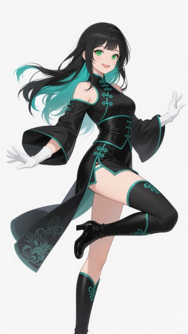 中国风二次元动漫风格少女角色，保持白色背景，角色特征完整保留：黑色长发带青色挑染，绿色眼眸，精致五官，面带微笑。身着黑色为主、青色点缀的传统与现代结合服饰，包括露肩上衣、束腰、短裙、黑色长靴配青色花纹护膝，白色手套，黑色披风。新动作设计为：左腿直立支撑，右腿屈膝抬起至胸前，双手自然张开于身体两侧，衣袂与长发随动作飘逸，保持原画风的线条流畅度、明亮色彩对比、清晰的边缘轮廓和细腻的细节刻画，整体姿……预览效果