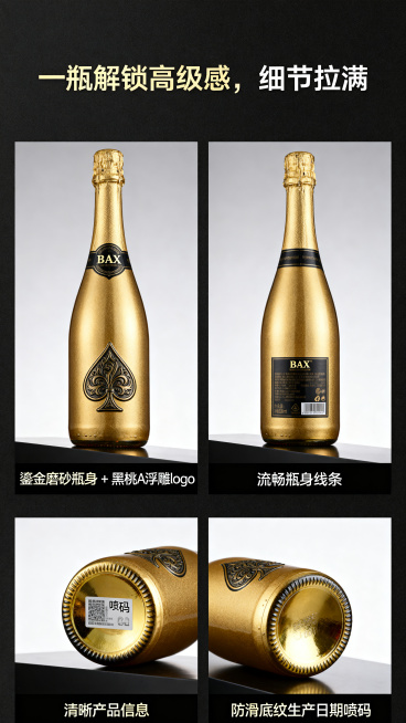 电商详情页产品整体展示区，4宫格多角度展示BAX金色起泡酒瓶，分别为正面侧面背面瓶底喷码，每张图背景为干净展示台，每张图下方配文案：正面"鎏金磨砂瓶身 + 黑桃 A 浮雕 logo"，侧面"流畅瓶身线预览效果
