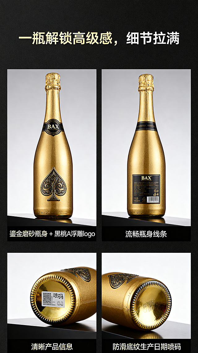 电商详情页产品整体展示区，4宫格多角度展示BAX金色起泡酒瓶，分别为正面侧面背面瓶底喷码，每张图背景为干净展示台，每张图下方配文案：正面"鎏金磨砂瓶身 + 黑桃 A 浮雕 logo"，侧面"流畅瓶身线条"，背面"清晰产品信息"，瓶底"防滑底纹生产日期喷码"，标题是"一瓶解锁高级感，细节拉满"，整体黑金风格，竖版长图