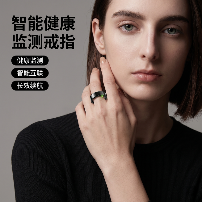 [主图 1] 智能健康监测戒指模特佩戴展示主图。氛围风格：高端简约科技风，高级质感。画质：商业摄影质感，光线柔和通透，产品清晰真实，画面干净高级。元素：欧美短发女模特身着黑色上衣，背景为纯色高级灰，去预览效果