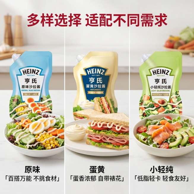 [主图 4] 亨氏原味蛋黄小轻纯多口味卖点展示，突出差异化
[氛围风格] 清晰对比，专业品质，清爽食欲风
[画质] 商业摄影质感、光线柔和通透、产品清晰真实、画面干净高级
[元素] 三款不同定位沙拉酱预览效果