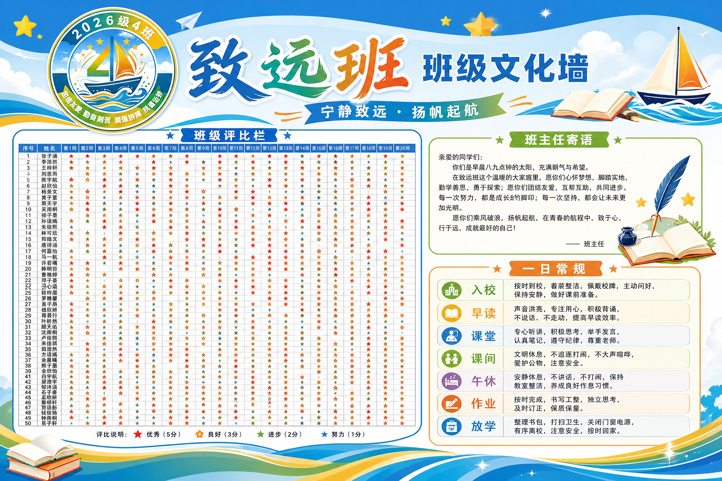 横版班级文化墙展板设计，主题"致远班 2026级4班"，简约清… - 图片创意预览