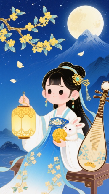 Q版古装少女（蓝白渐变桂花暗纹汉服、鎏金嵌玉发簪、流苏耳饰、暖黄色镂空宫灯）缕青丝发带，古琴古韵悠悠、绒毛蓬松玉兔（抱花纹金黄月饼），中景为有环形山细节的巨大满月，背景是深邃藏蓝色星空。点缀开满嫩黄花预览效果