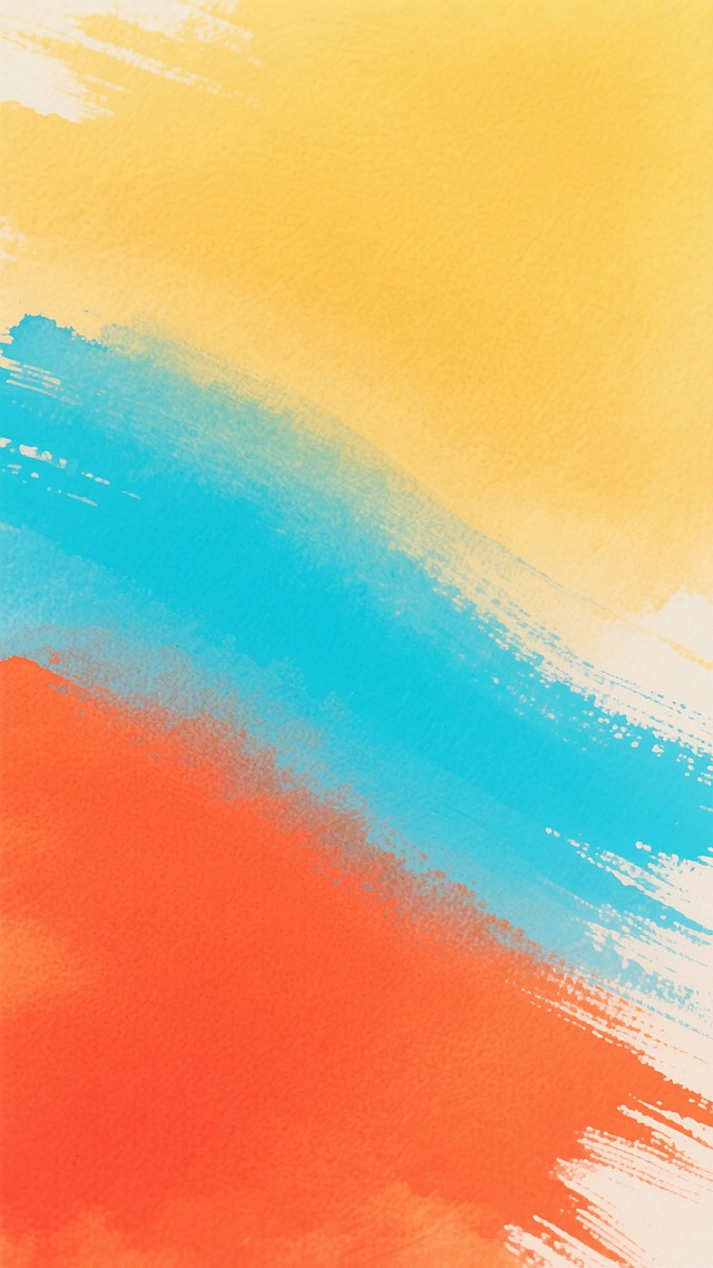 一幅色彩丰富的抽象水彩画风格背景，以明亮的橙红色为底部，向上渐变为温暖的黄色，再过渡到清爽的蓝色，色彩过渡自然柔和，带有明显的水彩笔触纹理，笔触方向呈现从左下角向右上角的斜向动感，整体色调明快鲜亮，画面干净简洁，没有多余元素，适合作为背景使用。