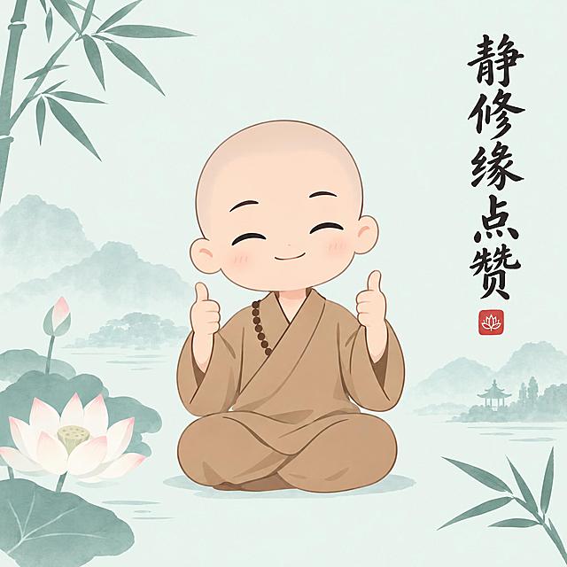 禅意风格Q版表情包第2帧，男版小和尚，光头，穿浅棕色僧袍，盘腿打坐姿势，眼睛眯起微笑，双手竖起大拇指位置稍高，背景为淡青色水墨山水简笔画，有莲花和竹叶元素，画面右侧有书法文字"静修缘点赞"，整体色调淡雅，极简画风，纯色浅背景，低细节扁平化风格