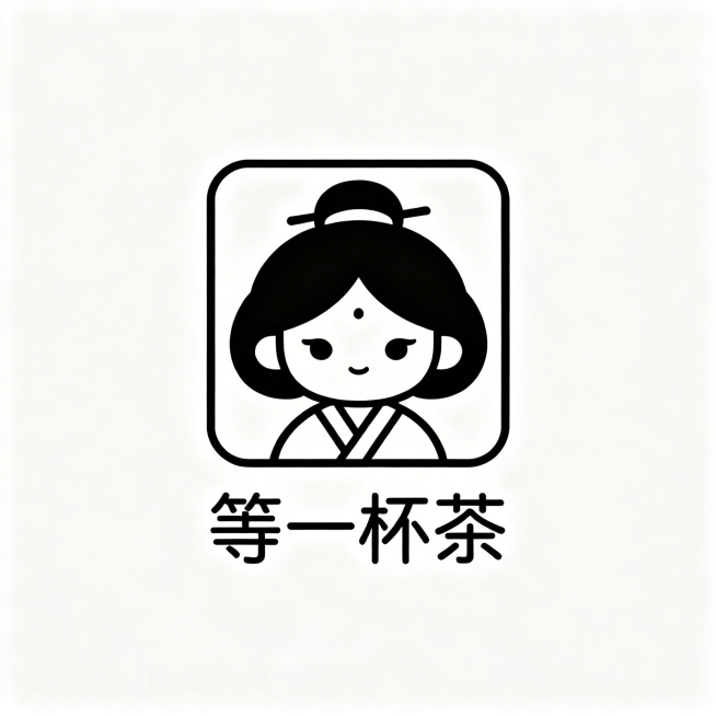茶店铺logo，店铺名称“等一杯茶”，中国风格，完整清晰、100%无错字、无变形、无笔画缺失，正方形居中对称构图，可爱软萌的女娃娃作为核心图形，线条干净流畅，边缘平滑无锯齿，纯白背景，高辨识度，适合电预览效果