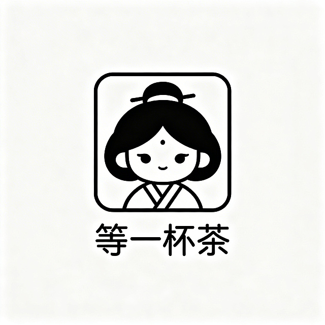 茶店铺logo，店铺名称“等一杯茶”，中国风格，完整清晰、100%无错字、无变形、无笔画缺失，正方形居中对称构图，可爱软萌的女娃娃作为核心图形，线条干净流畅，边缘平滑无锯齿，纯白背景，高辨识度，适合电商LOGO和包装印刷全渠道商用