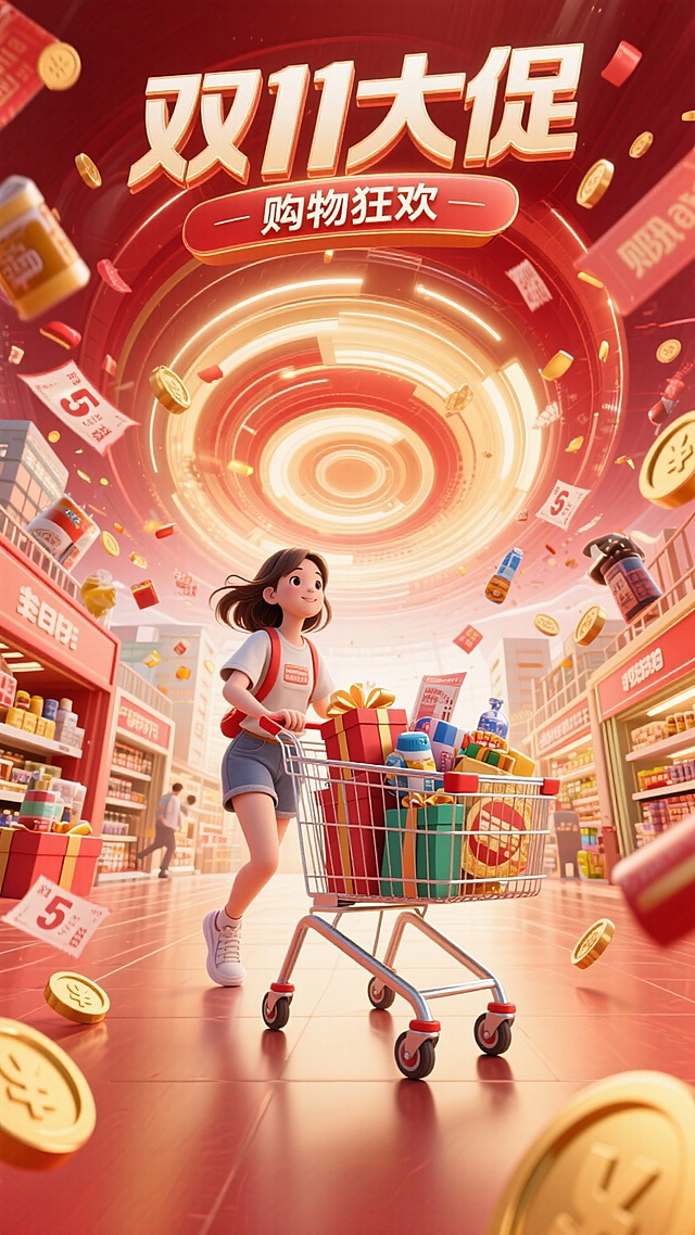 3d风格，科技感。画面文案：顶部大标题“双11大促”和副标题“购物狂欢”。画面视觉：一个穿着休闲装的女孩，推着购物车，购物车里装着一些礼物盒和商品，周围有优惠券和金币，背后是节日氛围的漩涡，漩涡周围飘散着一些日用品。背景一个巨大的超市，两旁是商铺。仰视角度拍摄，红金色调