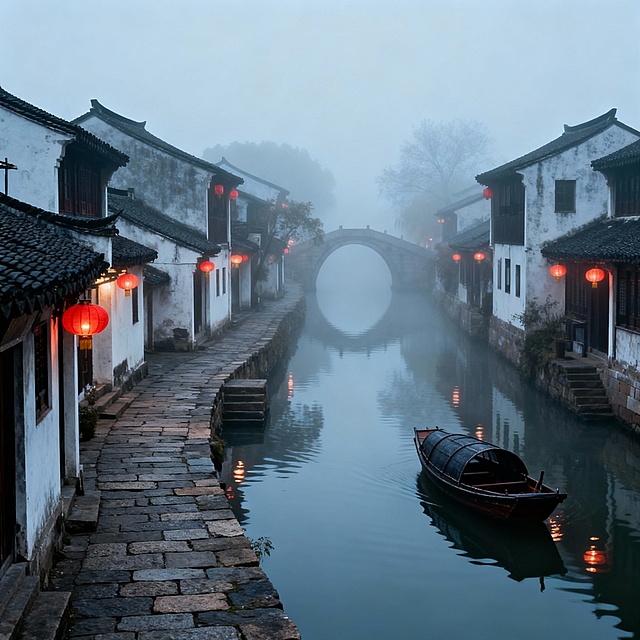 请帮我生成一份风景脚本要求使用6个画面表达的，主体为江南水乡，不要重复