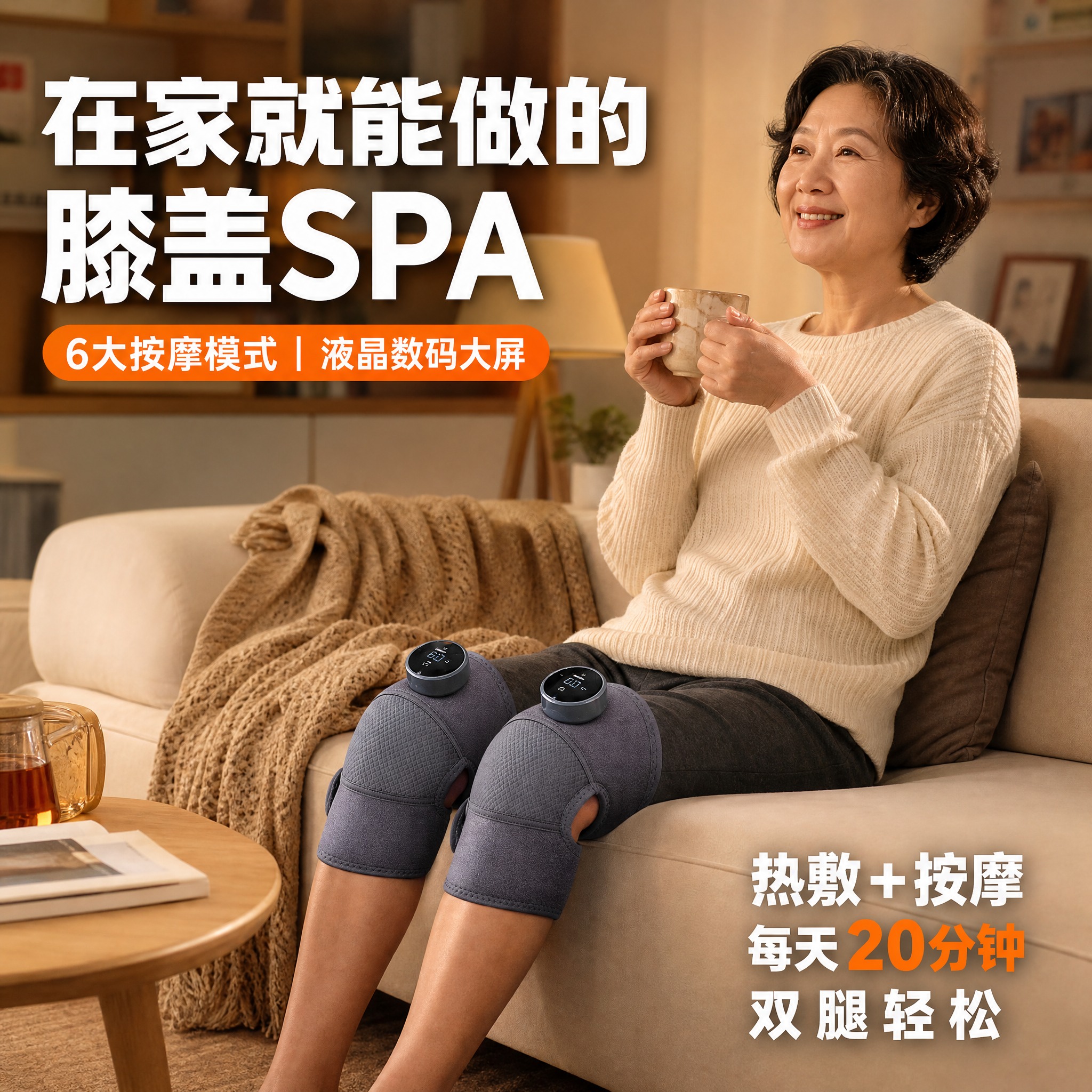 [主图-4] 真实使用场景，展示中老年女性在家中客厅使用加热护… - 图片创意预览