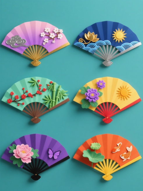 六个不同样式的传统扇子系列素材集合，每个扇子保持扇面内容但具有独特的纯色背景、元素造型和整体色彩，所有扇子规整排布。第一个扇子：粉色背景，扇面为淡紫色渐变，扇骨为金色，装饰有白色樱花和银色祥云图案；第二个扇子：蓝色背景，扇面为深蓝色渐变，扇骨为银色，装饰有金色莲花和蓝色波浪图案；第三个扇子：绿色背景，扇面为浅绿色渐变，扇骨为棕色，装饰有红色梅花和绿色竹叶图案；第四个扇子：黄色背景，扇面为橙黄色……预览效果