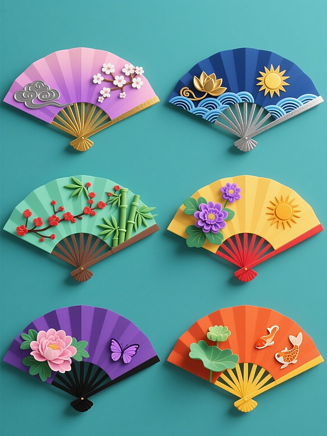 六个不同样式的传统扇子系列素材集合，每个扇子保持扇面内容但具有独特的纯色背景、元素造型和整体色彩，所有扇子规整排布。第一个扇子：粉色背景，扇面为淡紫色渐变，扇骨为金色，装饰有白色樱花和银色祥云图案；第二个扇子：蓝色背景，扇面为深蓝色渐变，扇骨为银色，装饰有金色莲花和蓝色波浪图案；第三个扇子：绿色背景，扇面为浅绿色渐变，扇骨为棕色，装饰有红色梅花和绿色竹叶图案；第四个扇子：黄色背景，扇面为橙黄色渐变，扇骨为红色，装饰有紫色菊花和黄色太阳图案；第五个扇子：紫色背景，扇面为深紫色渐变，扇骨为黑色，装饰有粉色牡丹和紫色蝴蝶图案；第六个扇子：橙色背景，扇面为橙红色渐变，扇骨为黄色，装饰有绿色荷花和橙色鲤鱼图案。所有扇子采用相同的对称构图，保持一致的立体感和装饰风格，整体呈现出和谐统一的视觉效果。