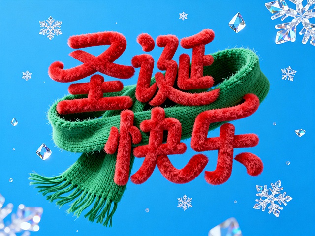 3D毛绒字体搭配针织围巾，重拟物风格呈现温暖喜庆感，毛发生长质感与面料纹理交织，晶莹雪花点缀，营造圣诞节日氛围。