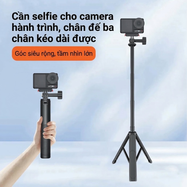 将图中的所有中文文字替换为对应越南语，大标题是"Cần selfie cho camera hành trình, chân đế ba chân kéo dài được"，橙色按钮里的文字是"Gó预览效果