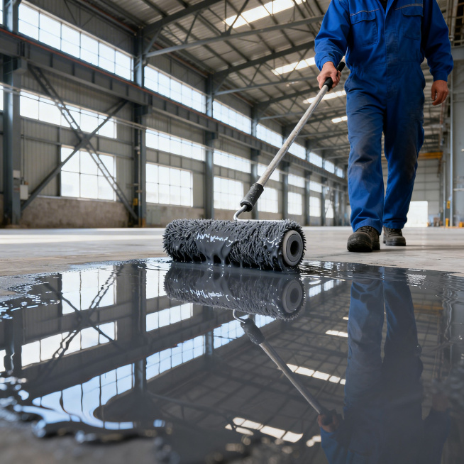 超写实摄影风格，工人穿着蓝色工装，手持长杆滚筒刷，在宽敞的工业厂房内滚涂深灰色地坪漆。滚筒绒毛沾满粘稠涂料，在地面上形成带有镜面反光的湿润涂层，地面清晰倒映滚筒、工人与厂房窗户的光影。背景是高大钢结构预览效果