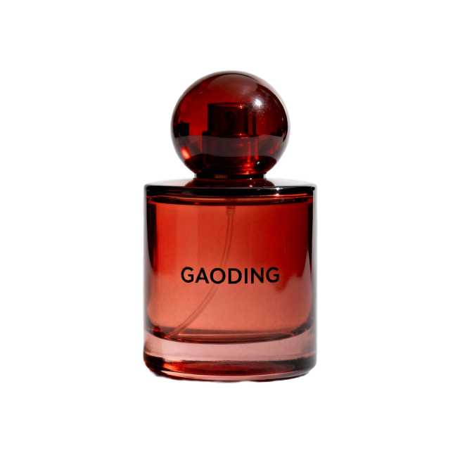 红棕色透明玻璃瓶身，上半部分球形瓶盖，瓶身(印有“GAODING”文字，无衬线体)，白色背景预览效果