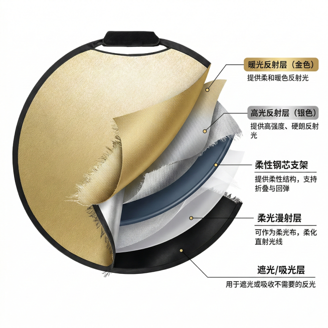 将图片中的圆形反光板制作成剖面图，展示五层结构，每一层用不同颜色标示，每层旁配简短功能说明文字预览效果