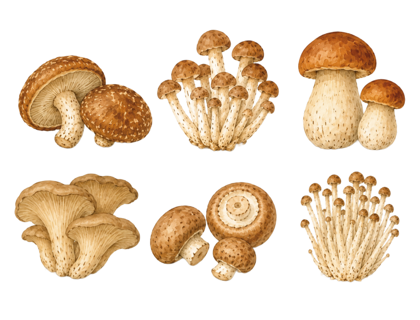 生成其他可食用蘑菇，保持和参考图一致的水彩手绘插画风格，棕色菌盖，米白色带斑点菌柄，白底背景预览效果
