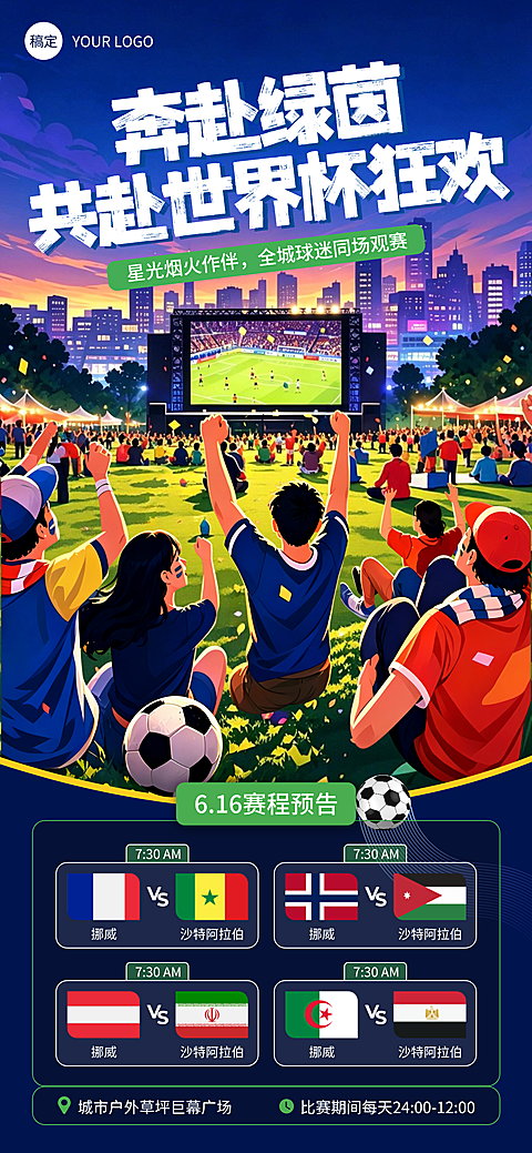 世界杯赛程预告宣传现代感插画风全屏竖版海报