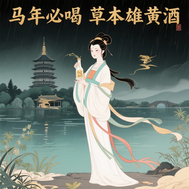 帮我设计一幅关于草本雄黄酒的海报，素材内容包含白娘子 西湖 雷峰塔 主题：马年必喝草本雄黄酒预览效果