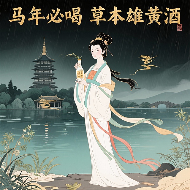 帮我设计一幅关于草本雄黄酒的海报，素材内容包含白娘子 西湖 雷峰塔 主题：马年必喝草本雄黄酒