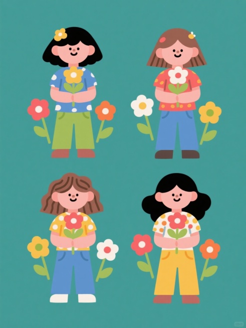 四个不同造型的同系列插画，均为扁平风格矢量插画，纯色背景，每个插画中都有一个手持花朵的女孩，女孩穿着不同颜色和图案的上衣和裤子，发型也各不相同，周围有不同颜色和形状的花朵装饰，整体风格统一，构图规整，形成一个系列素材集合。预览效果