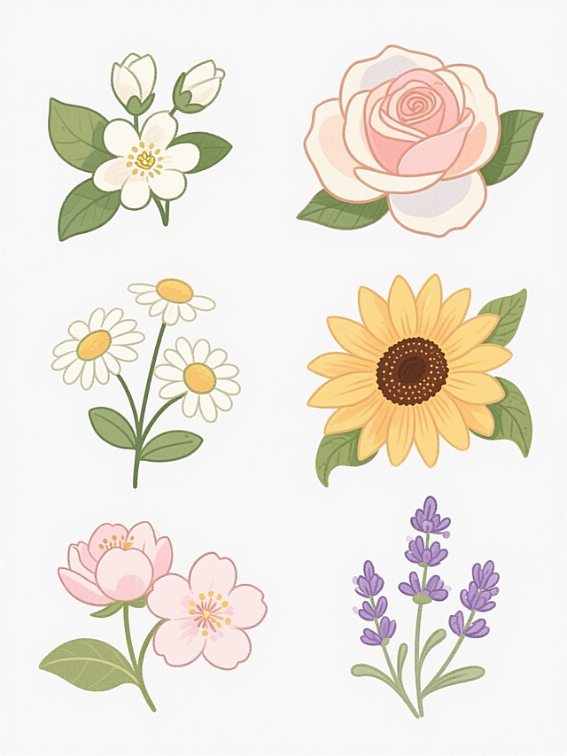 一组保持统一插画风格的花朵素材套系，包含茉莉花、玫瑰花、小雏菊、向日葵、樱花和薰衣草。所有花朵均采用线条清晰的手绘轮廓，内部填充柔和均匀的色彩，花瓣层次通过细微的色彩渐变和阴影表现，花蕊细节精致，搭配形态自然、边缘略带勾线的绿色叶片，整体呈现出清新、简约且具有装饰感的插画风格，画面干净，无背景干扰，突出花朵本身的形态美感。
