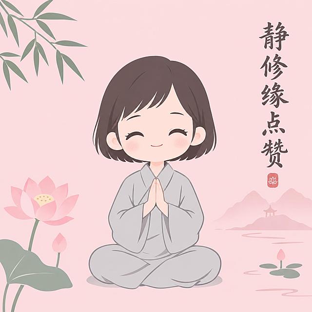 禅意风格Q版表情包第5帧，女版小尼姑，齐耳短发，穿浅灰色僧袍，盘腿打坐姿势，面带微笑，双手回到胸前位置，背景为淡粉色纯色简笔山水，有莲花和竹叶元素，画面右侧有书法文字"静修缘点赞"，整体色调淡雅粉嫩，极简画风，纯色背景，低细节扁平化风格
